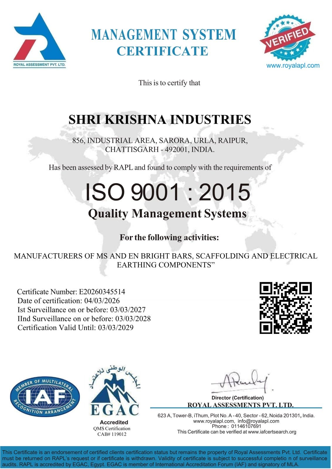 ISO 9001 — Quality Management System — certificate preview